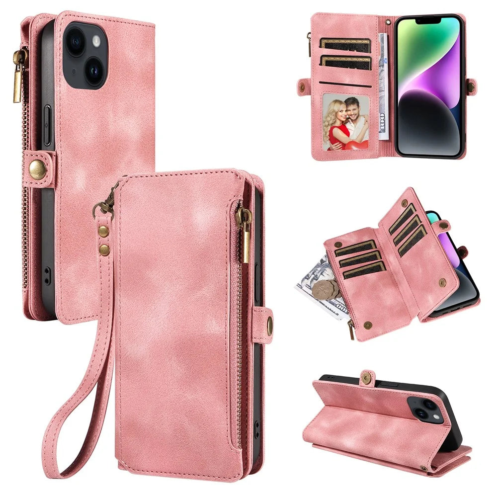 For iPhone 15 Plus Anti-Scratch Phone Cover Zipper Pocket Wallet RFID Blocking Stand Leather Case with Strap - Pink - 1