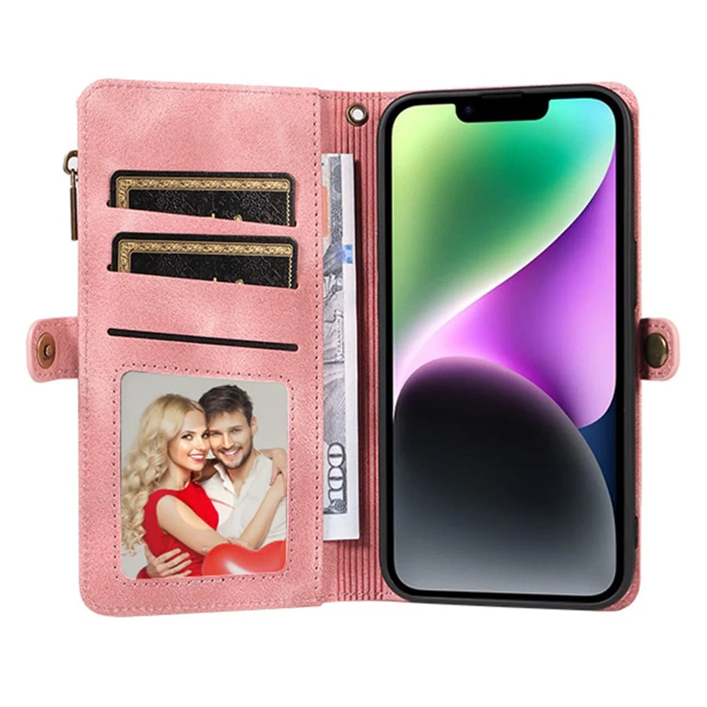 For iPhone 15 Plus Anti-Scratch Phone Cover Zipper Pocket Wallet RFID Blocking Stand Leather Case with Strap - Pink - 2