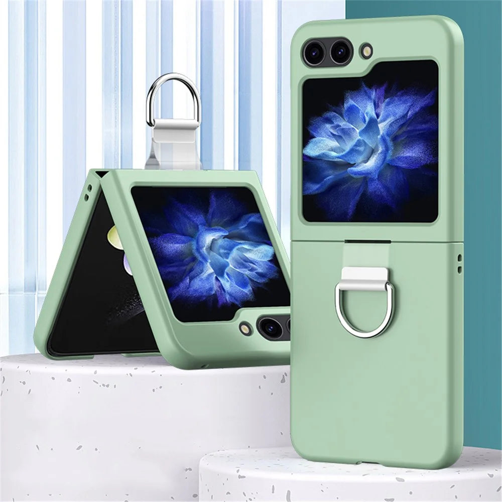 For Samsung Galaxy Z Flip5 5G Hard PC Skin-touch Phone Case Metal Ring Holder Anti-Slip Cover - Light Green - 2
