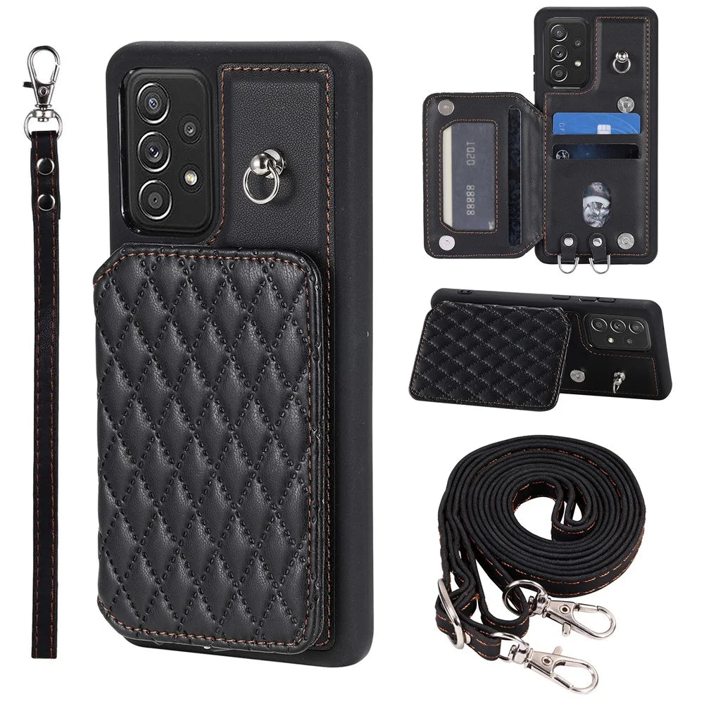Style 008 For Samsung Galaxy A53 5G RFID Blocking Kickstand Case Rhombus Imprinted PU+TPU Phone Cover with Straps - Black - 1