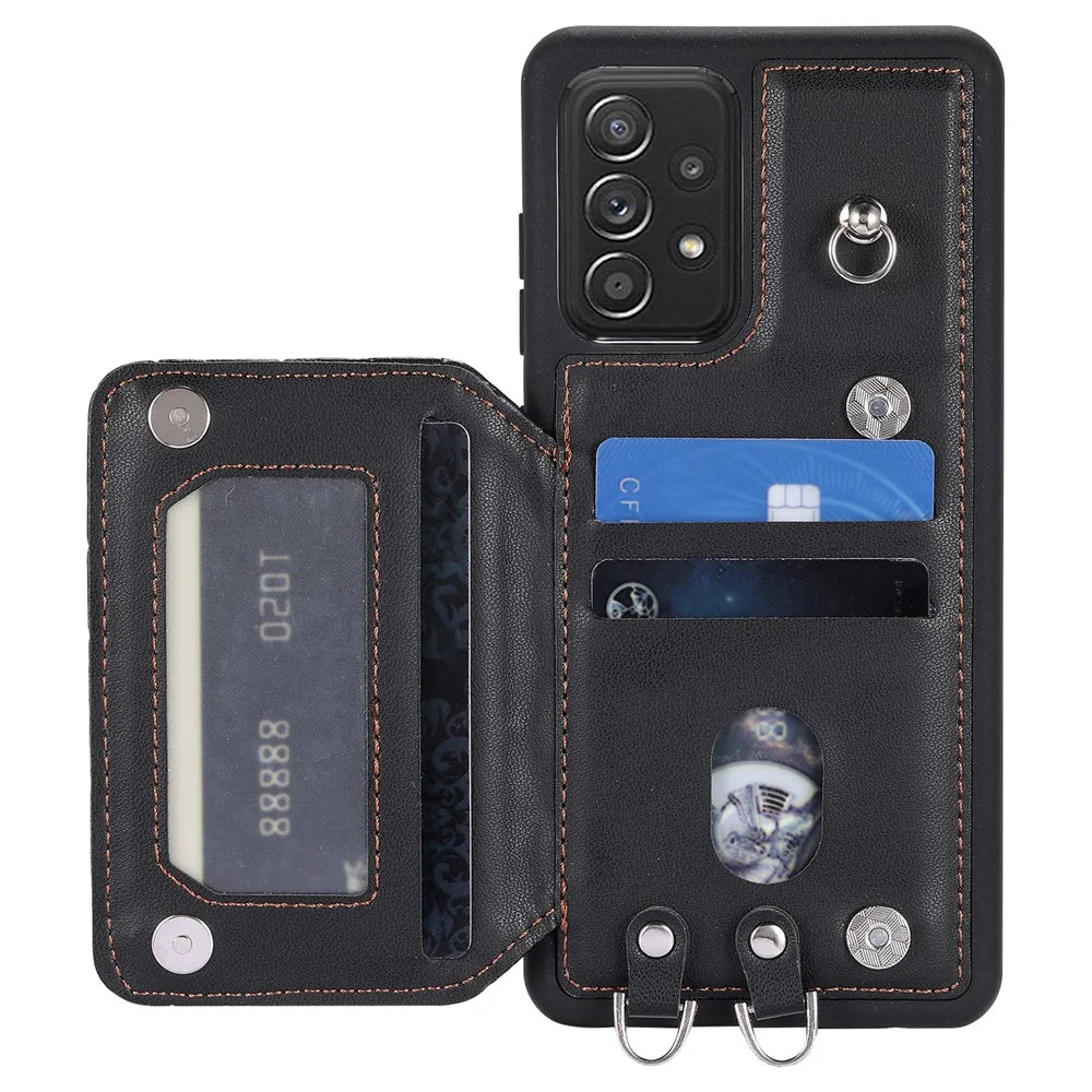 Style 008 For Samsung Galaxy A53 5G RFID Blocking Kickstand Case Rhombus Imprinted PU+TPU Phone Cover with Straps - Black - 2