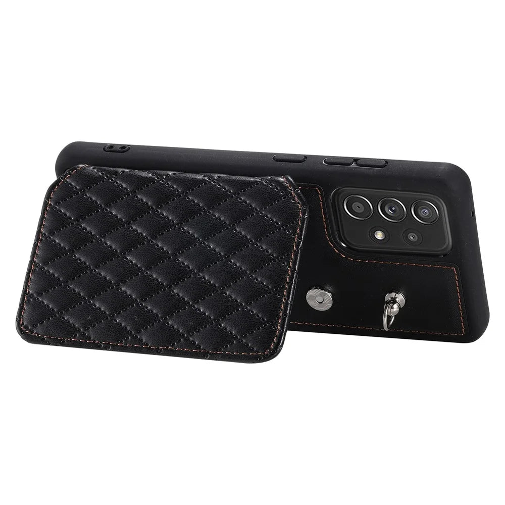 Style 008 For Samsung Galaxy A53 5G RFID Blocking Kickstand Case Rhombus Imprinted PU+TPU Phone Cover with Straps - Black - 4