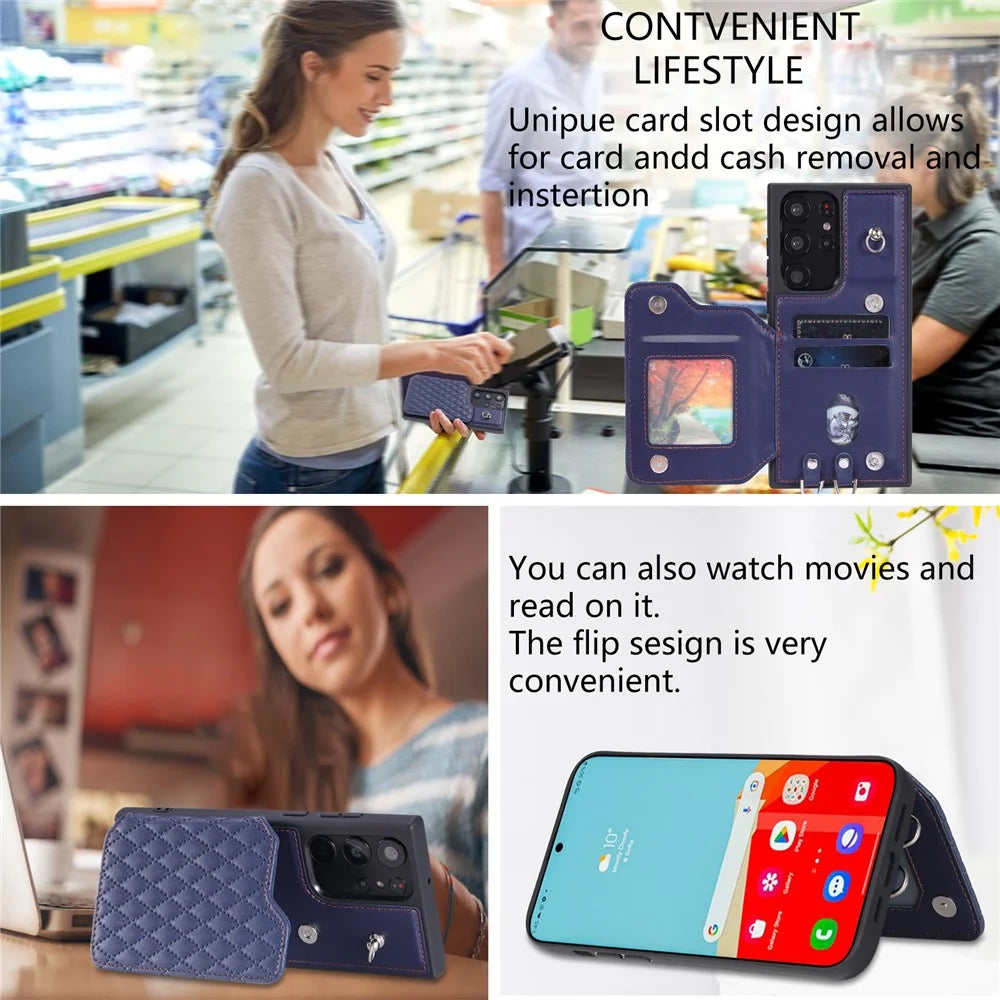 Style 008 For Samsung Galaxy S22 Ultra 5G RFID Blocking Card Holder Phone Case Leather+TPU Kickstand Back Cover - Blue - 6