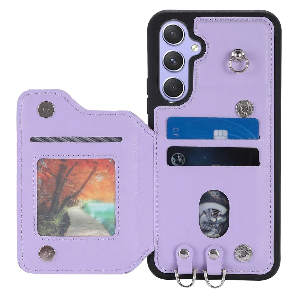 Style 008 For Samsung Galaxy A14 5G / A14 4G Kickstand Case PU Leather+TPU RFID Blocking Phone Shell with Wrist Strap - Purple - 2