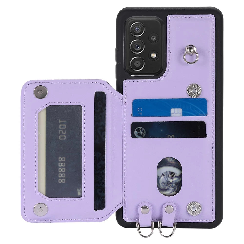 Style 008 For Samsung Galaxy A52 4G / 5G / A52s 5G RFID Blocking Kickstand Case PU Leather Coated TPU Phone Shell with Wrist Strap - Purple - 2