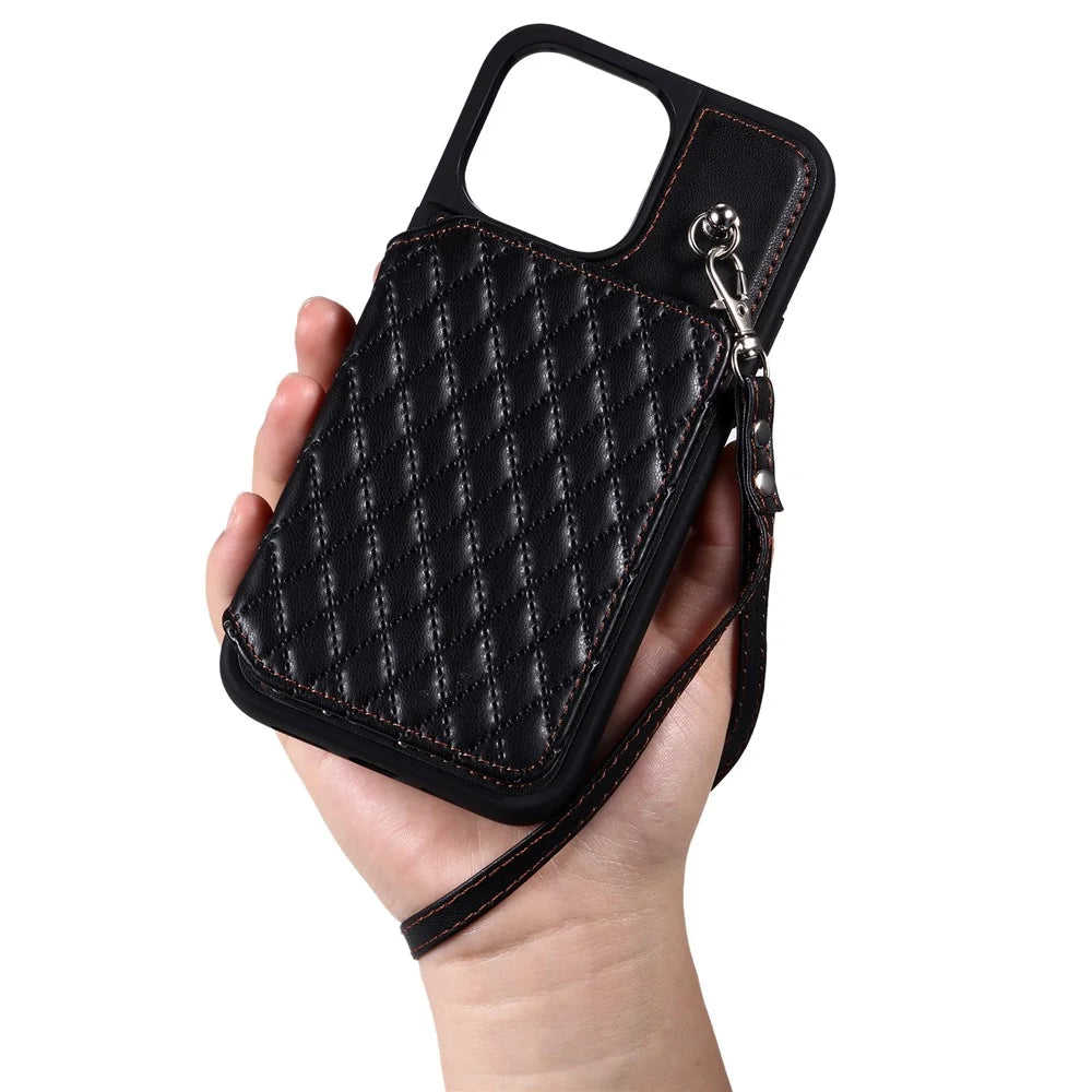 Style 008 For iPhone 14 Pro RFID Blocking Card Holder Case PU Leather+TPU Phone Kickstand Cover with Wrist Strap - Black - 5