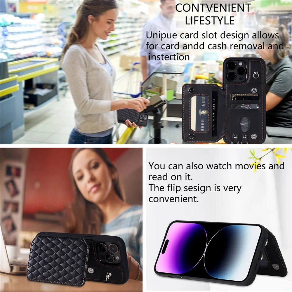 Style 008 For iPhone 14 Pro RFID Blocking Card Holder Case PU Leather+TPU Phone Kickstand Cover with Wrist Strap - Black - 6