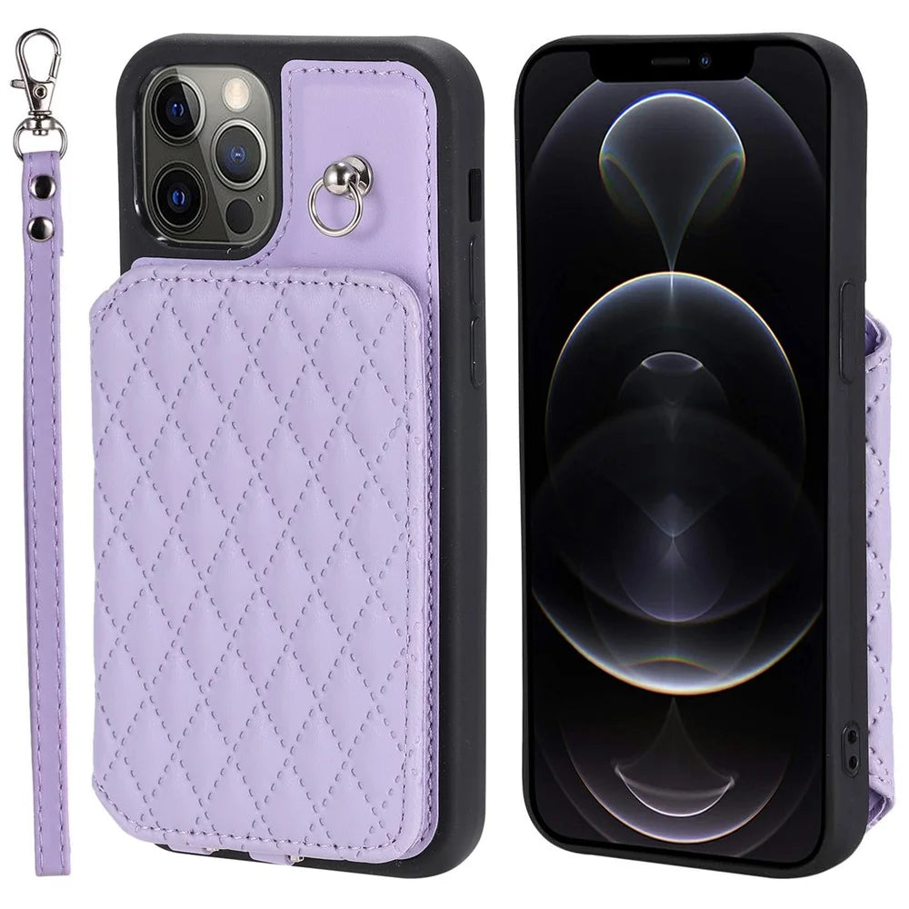 Style 008 Card Holder Cover for iPhone 12 Pro Max 6.7 inch , RFID Blocking PU Leather+TPU Phone Shell with Kickstand and Wrist Strap - Purple - 1