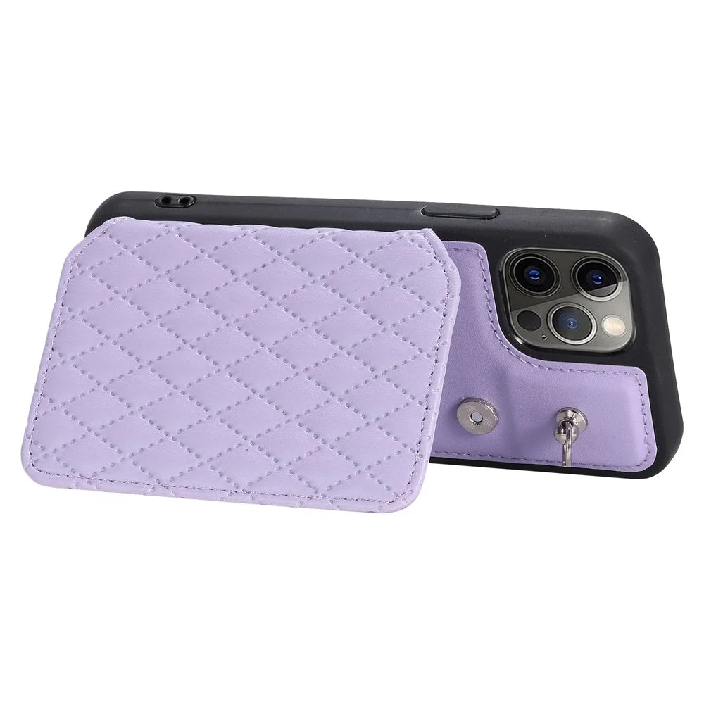 Style 008 Card Holder Cover for iPhone 12 Pro Max 6.7 inch , RFID Blocking PU Leather+TPU Phone Shell with Kickstand and Wrist Strap - Purple - 4