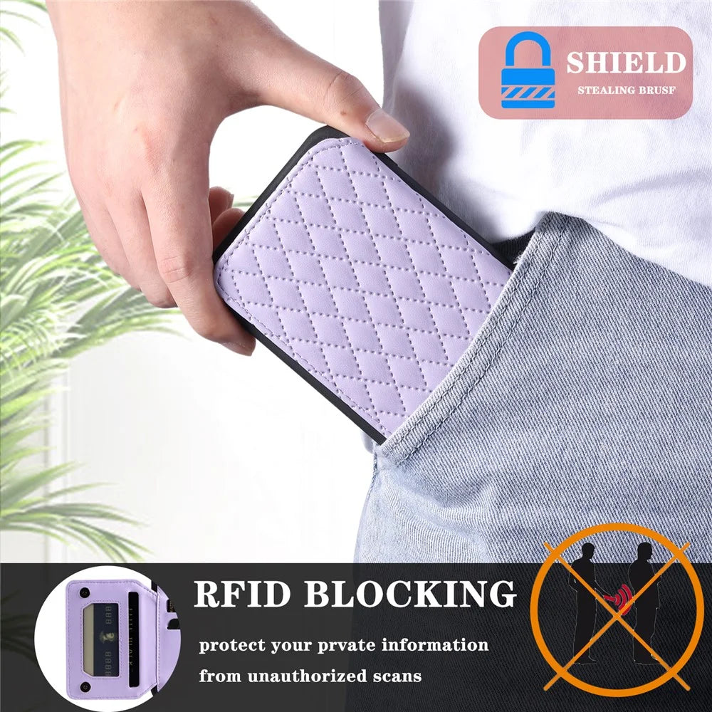 Style 008 Card Holder Cover for iPhone 12 Pro Max 6.7 inch , RFID Blocking PU Leather+TPU Phone Shell with Kickstand and Wrist Strap - Purple - 5