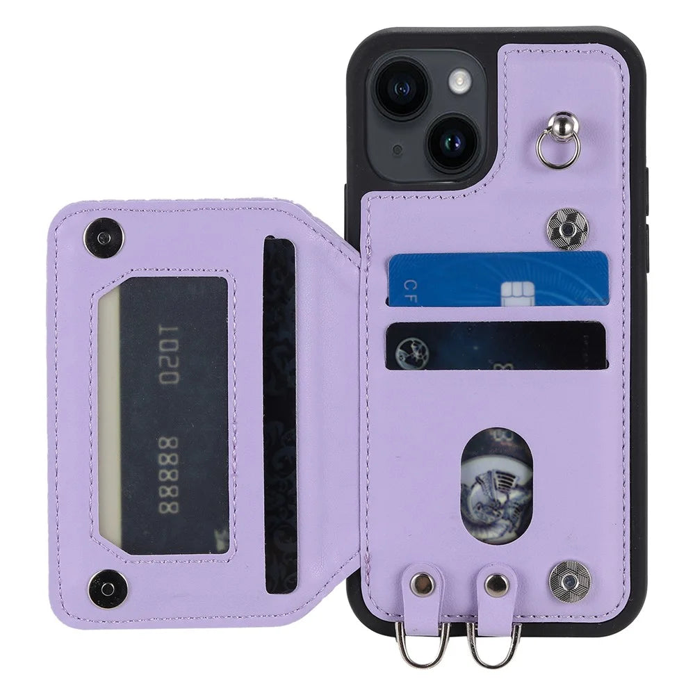 Style 008 Kickstand Phone Cover for iPhone 13 6.1 inch , PU Leather+TPU RFID Blocking Anti-scratch Shell with Wrist Strap - Purple - 2
