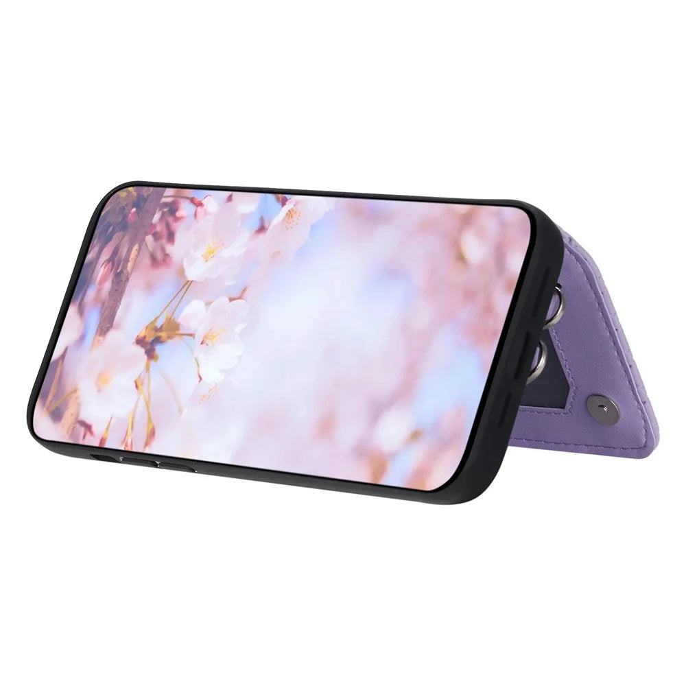 Style 008 Kickstand Phone Cover for iPhone 14 , PU Leather+TPU RFID Blocking Shockproof Shell with Wrist Strap - Purple - 3
