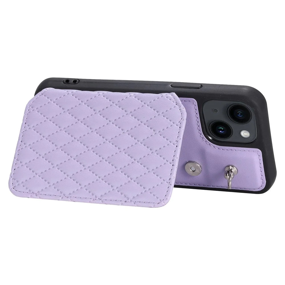 Style 008 Kickstand Phone Cover for iPhone 14 , PU Leather+TPU RFID Blocking Shockproof Shell with Wrist Strap - Purple - 4