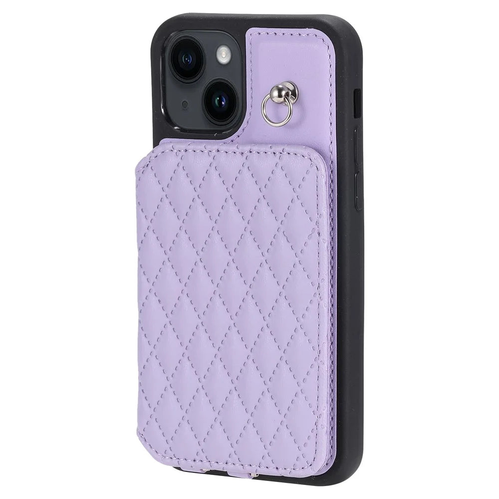Style 008 Kickstand Phone Cover for iPhone 14 , PU Leather+TPU RFID Blocking Shockproof Shell with Wrist Strap - Purple - 7