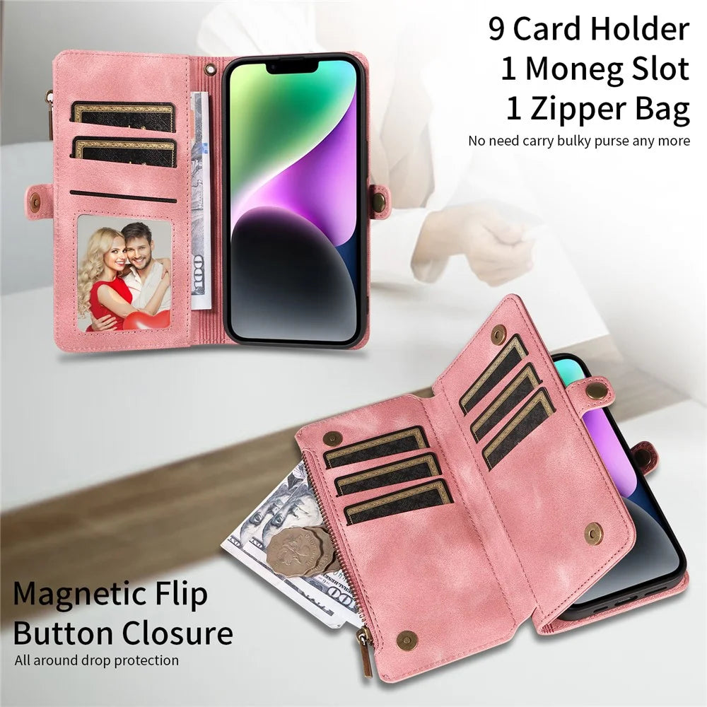 For iPhone 15 Pro Max Phone Cover Zipper Pocket Wallet RFID Blocking Stand Anti-Scratch Leather Case with Strap - Pink - 5
