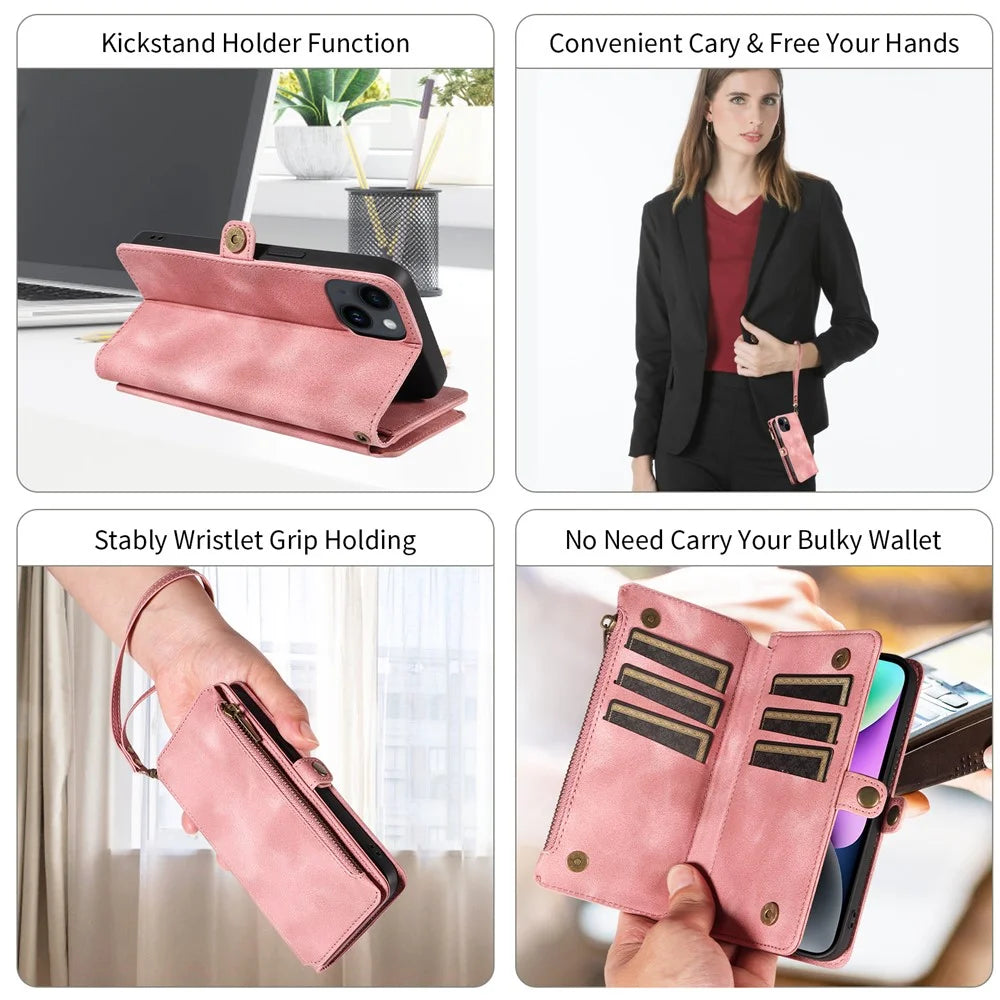 For iPhone 15 Pro Max Phone Cover Zipper Pocket Wallet RFID Blocking Stand Anti-Scratch Leather Case with Strap - Pink - 6