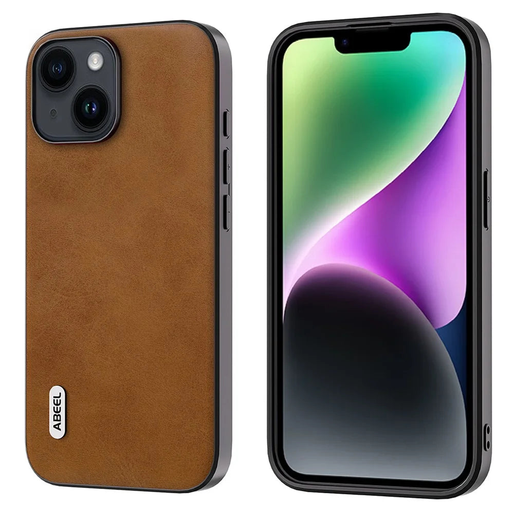 ABEEL For iPhone 14 Cowhide Texture Phone Case PU Leather Coated TPU+PC Hybrid Protective Cover - Brown - 1