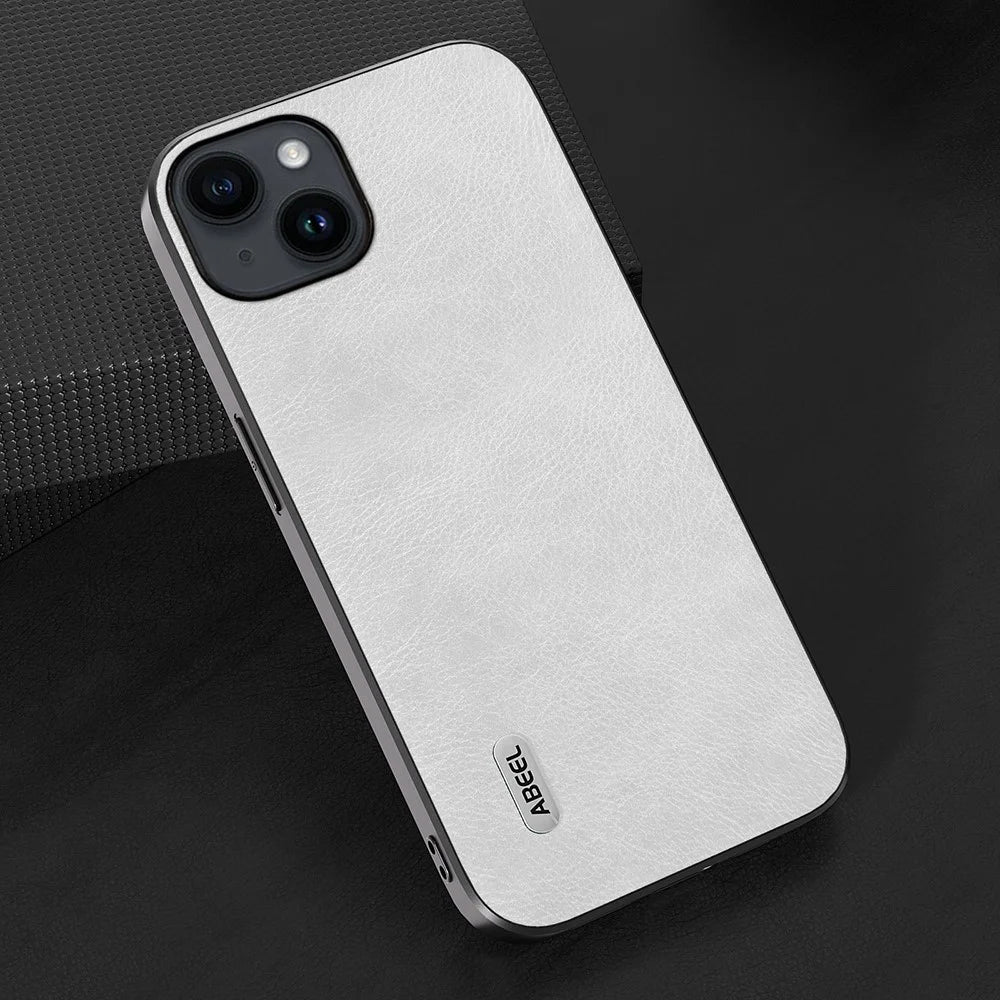ABEEL For iPhone 15 Case PU Leather Coated TPU+PC Litchi Texture Phone Cover - White - 2