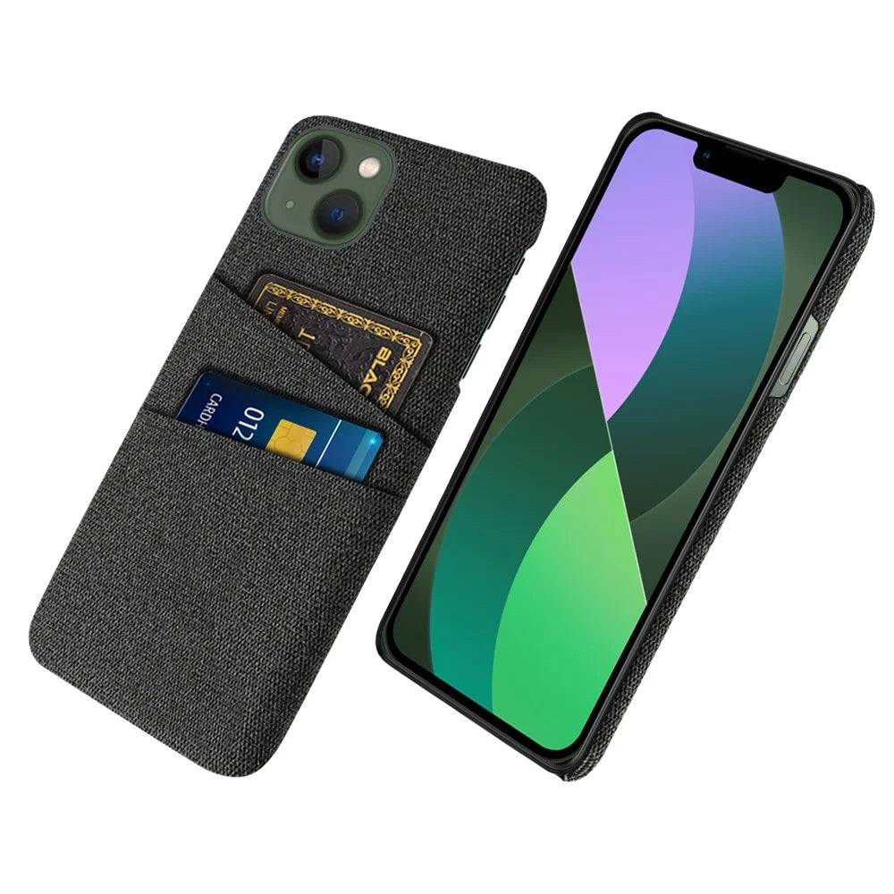 Slim Phone Case for iPhone 15 Plus Hard PC + Cloth Anti-Drop Phone Cover with Dual Card Holder - Black - 1