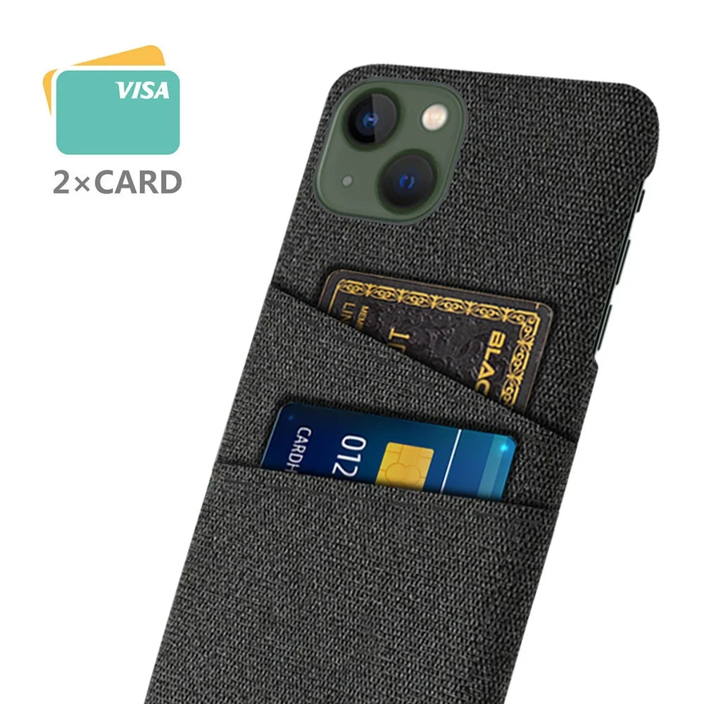 Slim Phone Case for iPhone 15 Plus Hard PC + Cloth Anti-Drop Phone Cover with Dual Card Holder - Black - 2