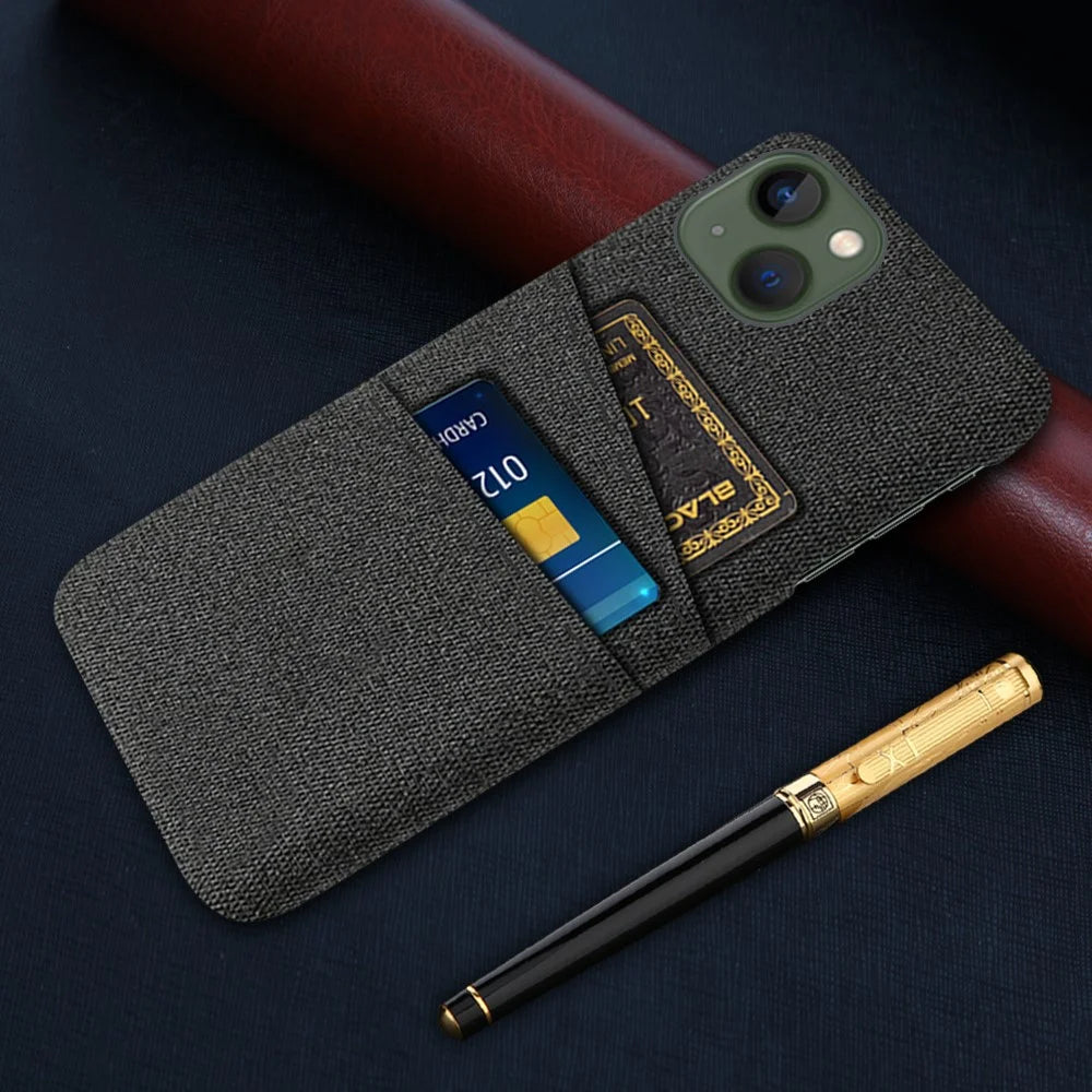 Slim Phone Case for iPhone 15 Plus Hard PC + Cloth Anti-Drop Phone Cover with Dual Card Holder - Black - 5