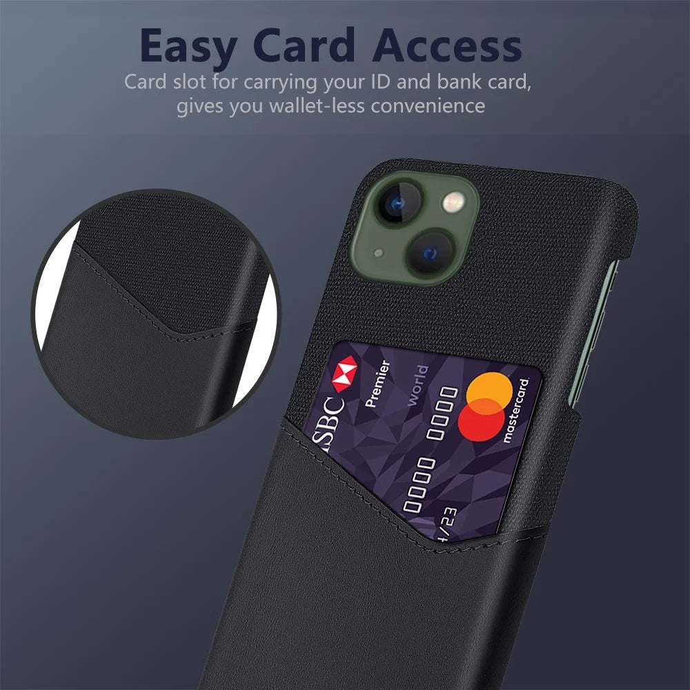 Card Holder Protective Phone Case for iPhone 15 Cloth Texture PU Leather Coated PC Cover - Black - 2