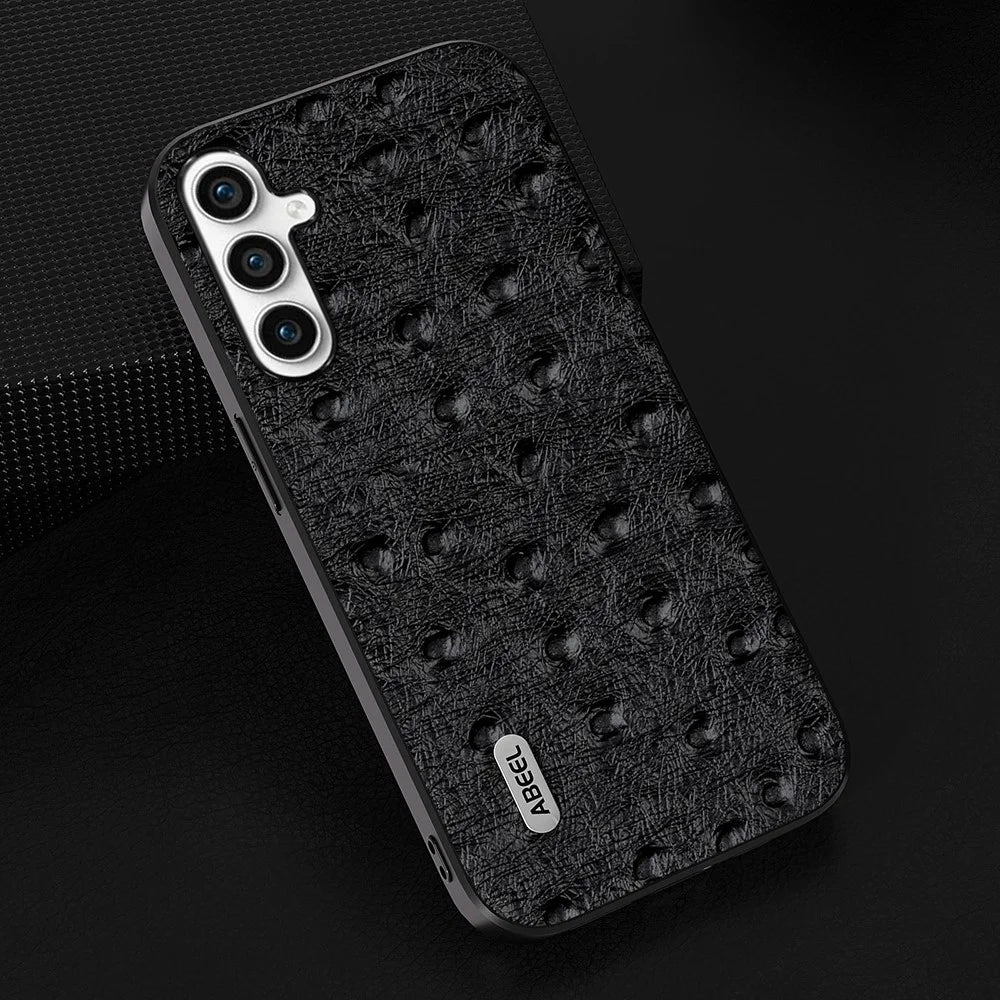 ABEEL Phone Case for Samsung Galaxy A14 4G / A14 5G , Genuine Cow Leather Coated PC+TPU Ostrich Texture Cover - Black - 2