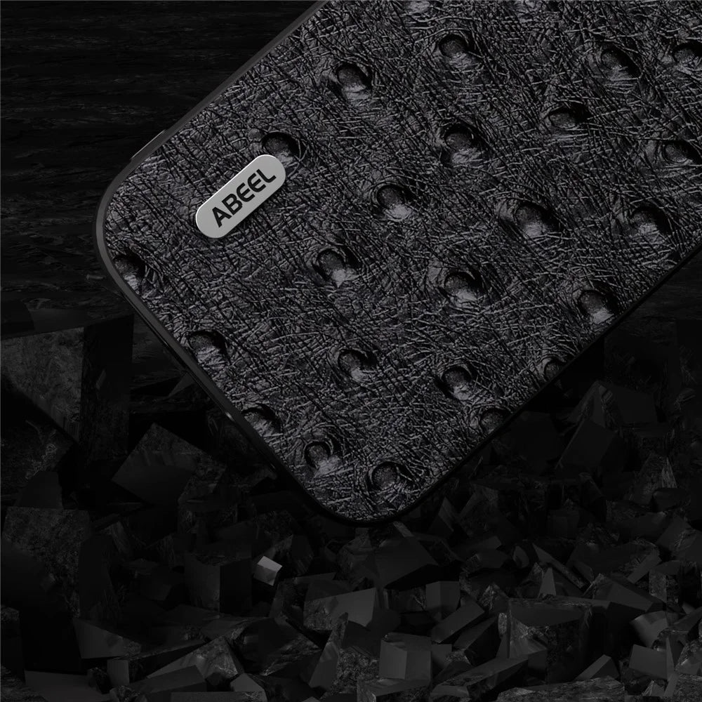 ABEEL Phone Case for Samsung Galaxy A14 4G / A14 5G , Genuine Cow Leather Coated PC+TPU Ostrich Texture Cover - Black - 3