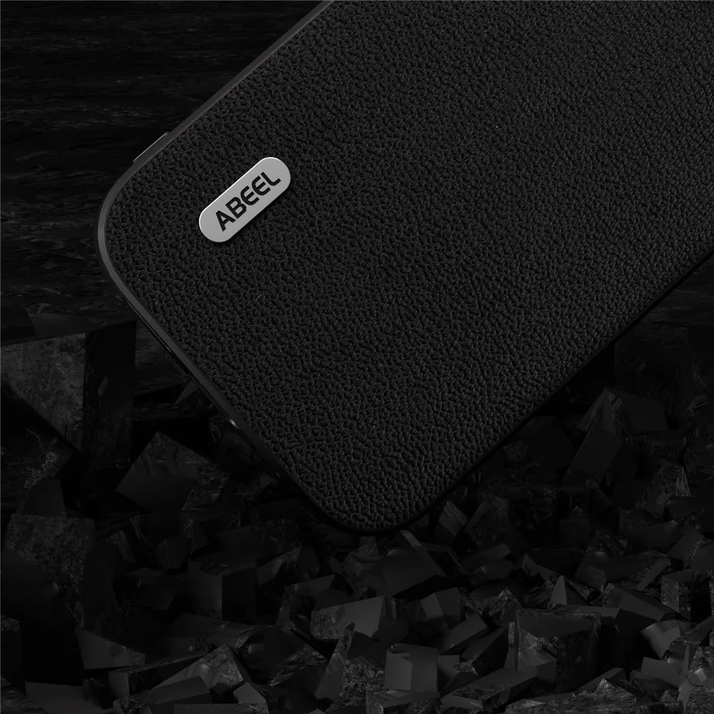 ABEEL Litchi Texture Case for Samsung Galaxy A14 4G / A14 5G , Shockproof Genuine Cow Leather Coated PC+TPU Phone Cover - Black - 3