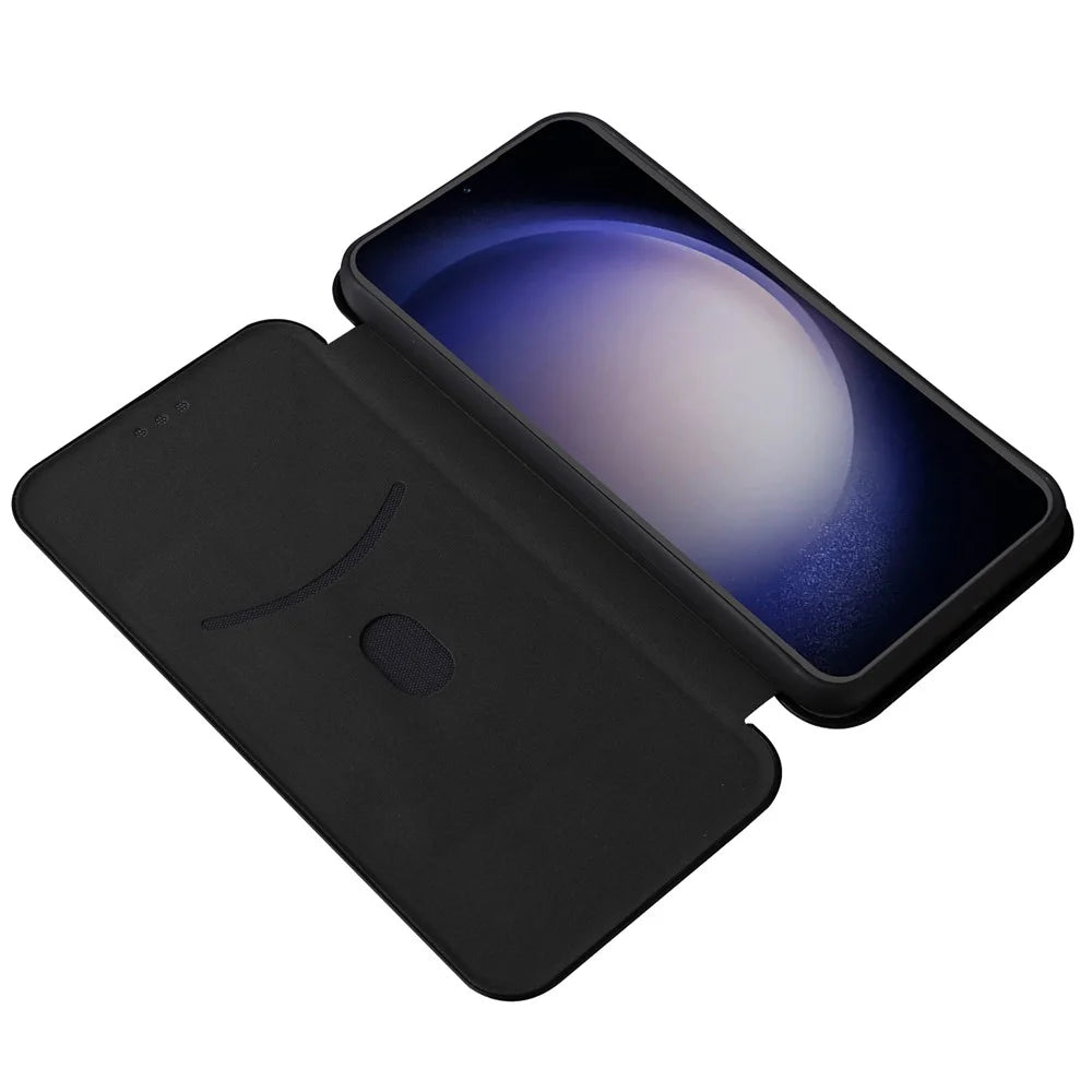 Carbon Fiber Texture Shell for Samsung Galaxy S23 FE , Card Holder Case Phone Leather Stand Cover - Black - 2