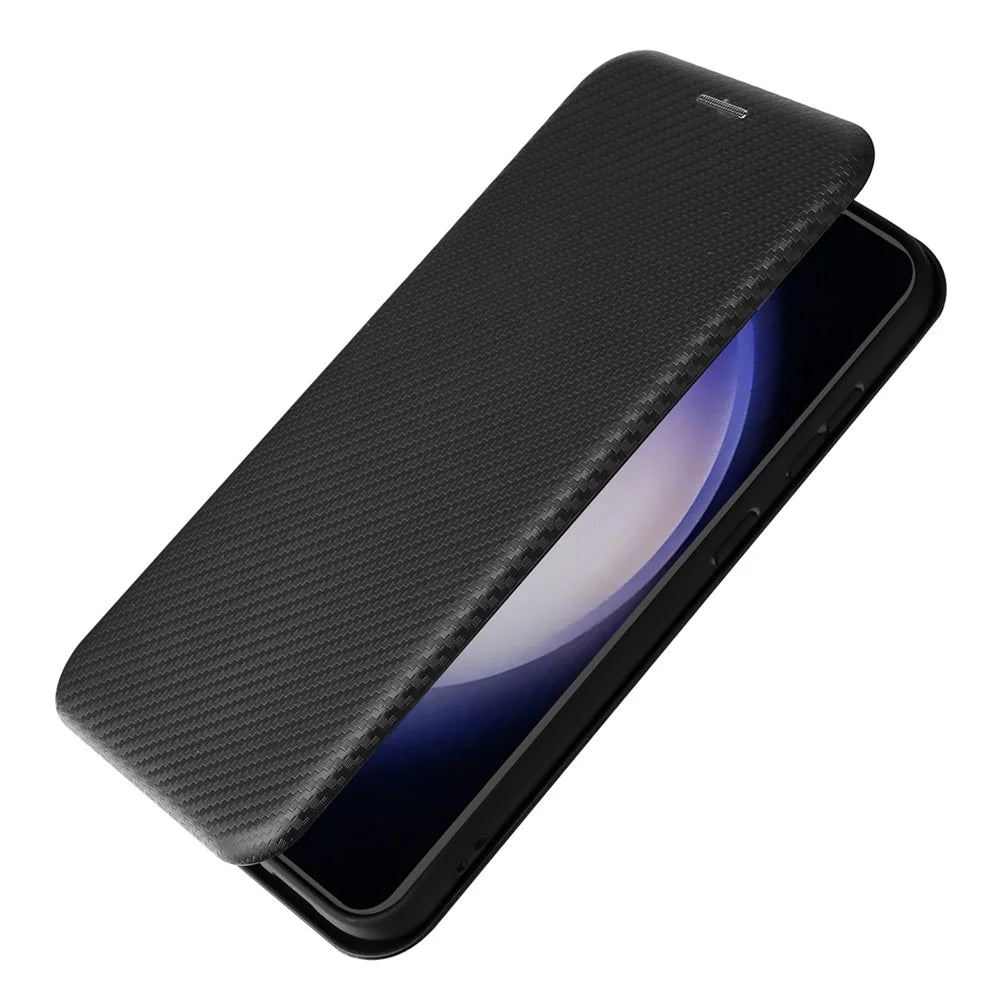 Carbon Fiber Texture Shell for Samsung Galaxy S23 FE , Card Holder Case Phone Leather Stand Cover - Black - 5
