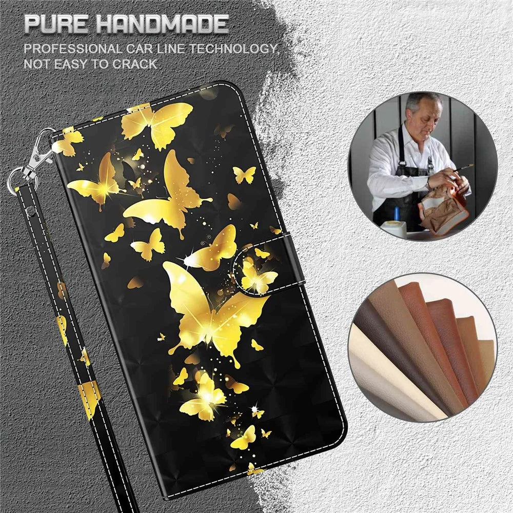 3D Pattern Printing Shell for Samsung Galaxy S23 FE PU Leather Wallet Phone Case Stand Cover with Strap - Golden Butterflies - 5