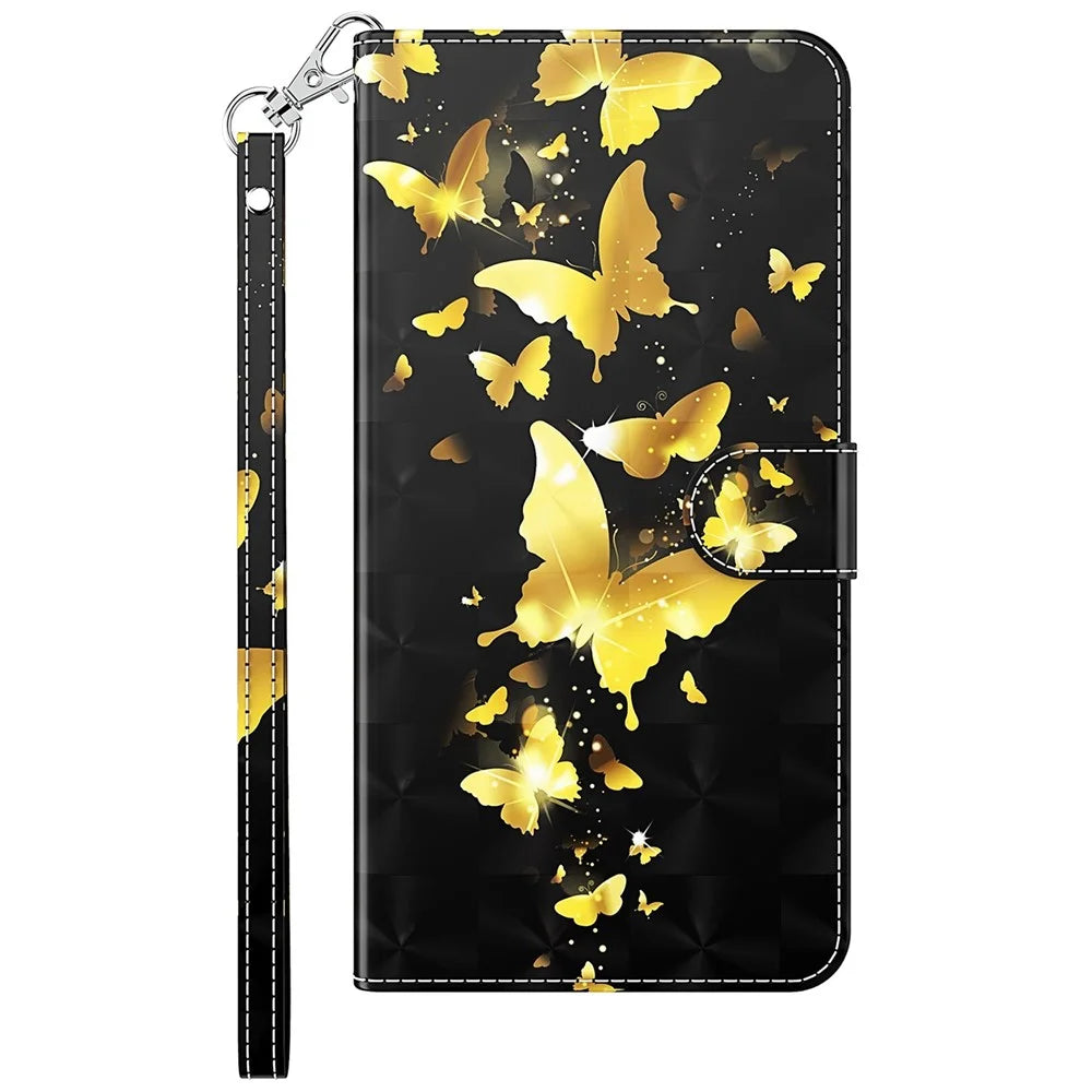 3D Pattern Printing Shell for Samsung Galaxy S23 FE PU Leather Wallet Phone Case Stand Cover with Strap - Golden Butterflies - 7
