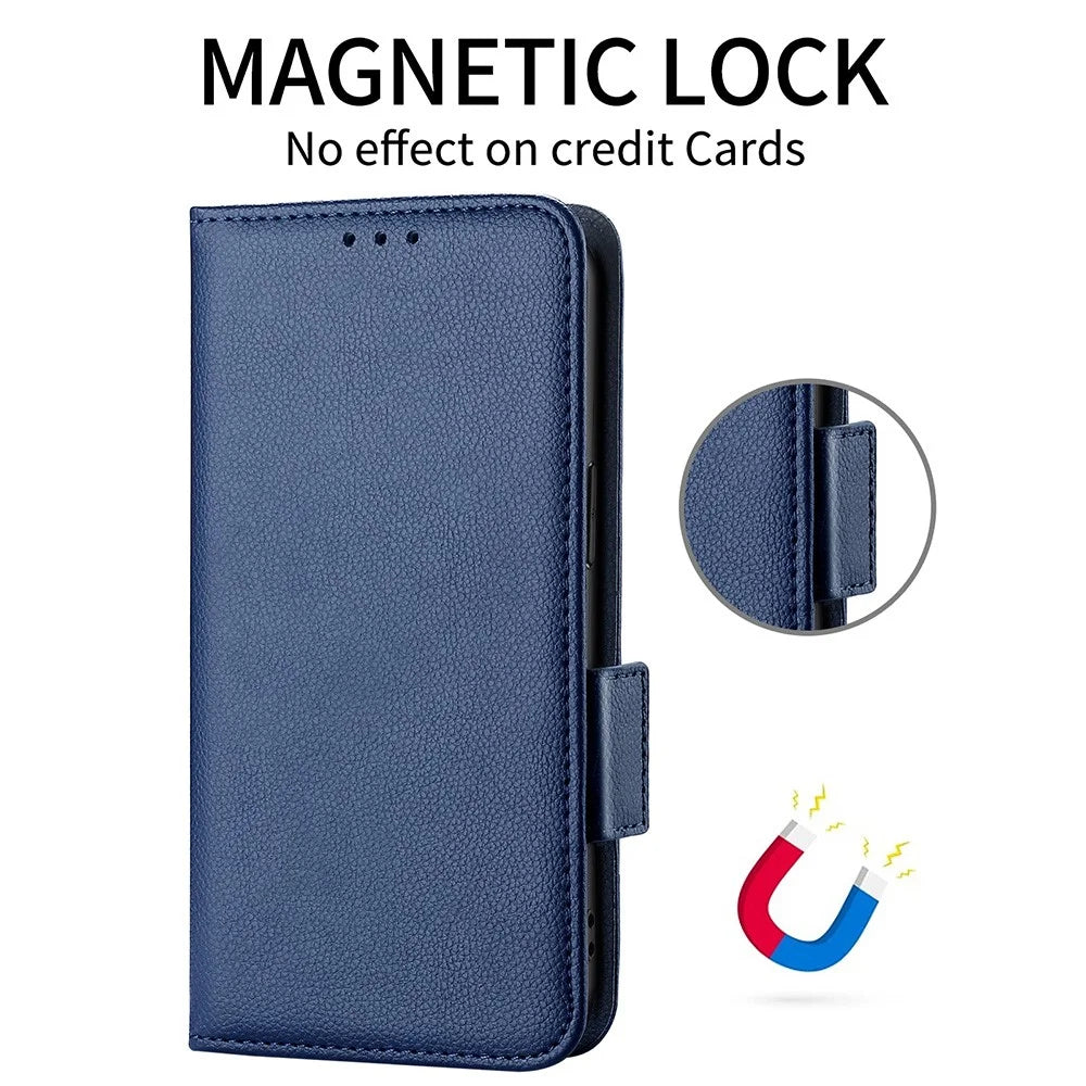Wallet Phone Case For iPhone 15 Pro , Litchi Texture PU Leather Shell Phone Stand Cover with Strap - Dark Blue - 5