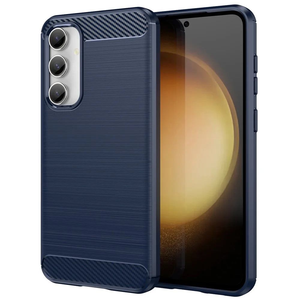 For Samsung Galaxy S23 FE Soft TPU Brushed Phone Case Carbon Fiber Texture Phone Back Cover - Blue - 1