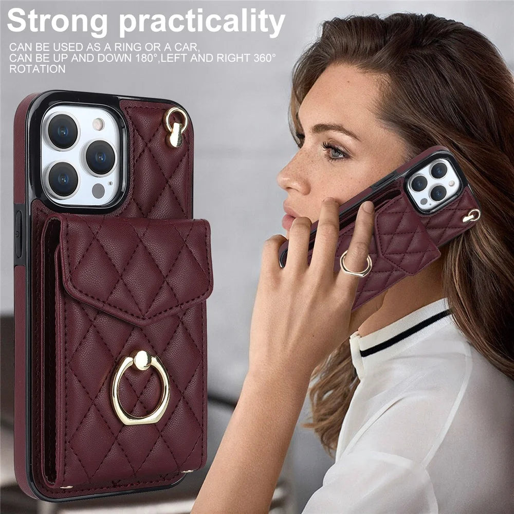 For iPhone 15 Pro Max RFID Blocking Shockproof Case Multiple Card Slots Ring Kickstand PU Leather+TPU Phone Cover - Wine Red - 5