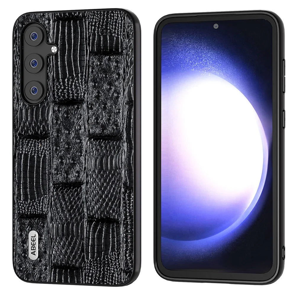 ABEEL For Samsung Galaxy S23 FE Mahjong Texture Anti-scratch Case Genuine Cow Leather+PC+TPU Cellphone Cover - Black - 1