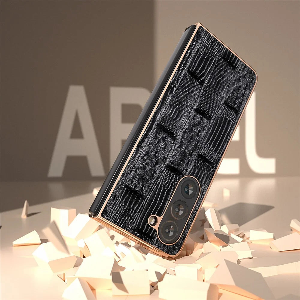 For Samsung Galaxy Z Fold5 5G Mahjong Texture Protective Cover Genuine Cow Leather + PC Electroplating Phone Case - Black - 5