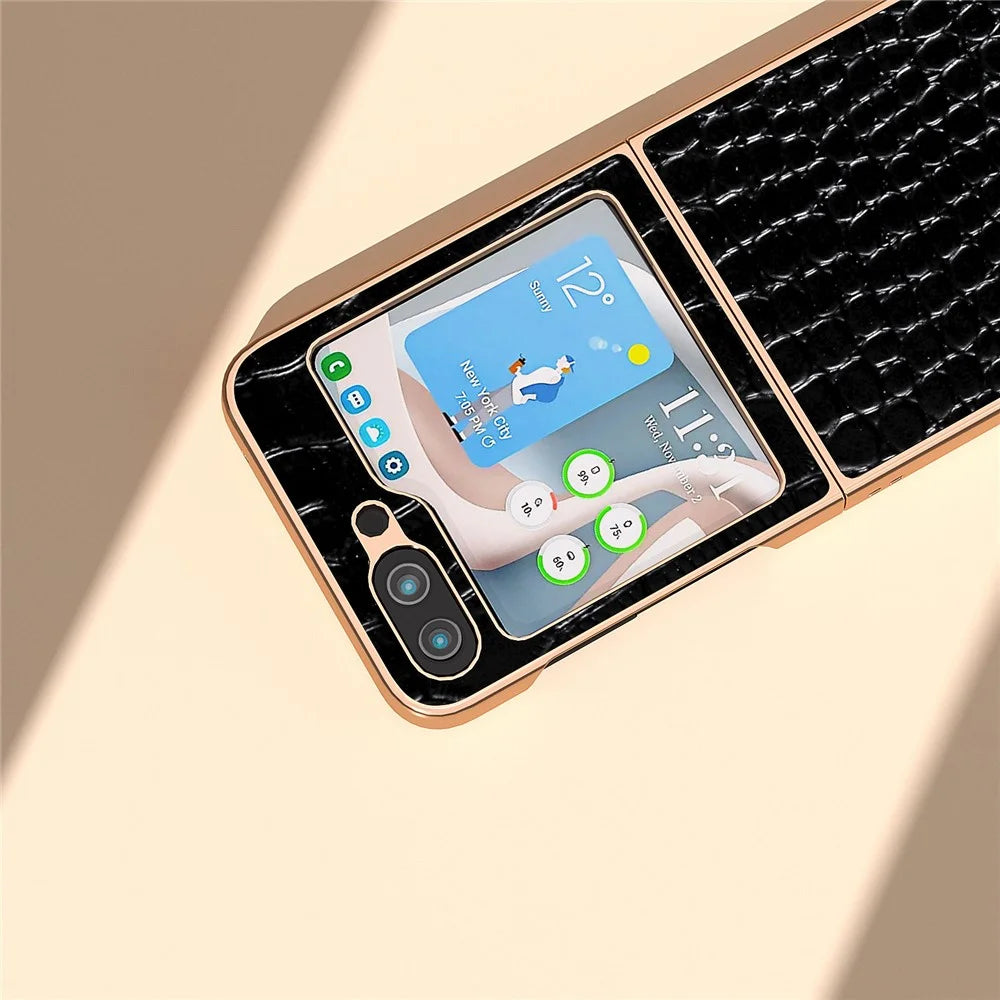 For Samsung Galaxy Z Flip5 5G Electroplating Phone Case Crocodile Texture Genuine Cow Leather Coated PC Cover - Black - 5