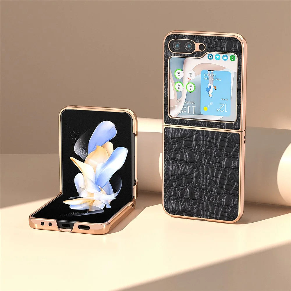 For Samsung Galaxy Z Flip5 5G Genuine Cow Leather Coated PC Case Canopy Texture Electroplating Phone Cover - Black - 2
