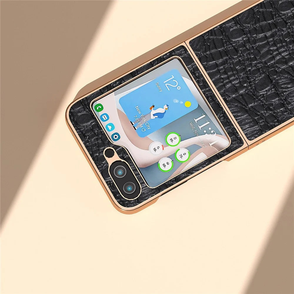 For Samsung Galaxy Z Flip5 5G Genuine Cow Leather Coated PC Case Canopy Texture Electroplating Phone Cover - Black - 5