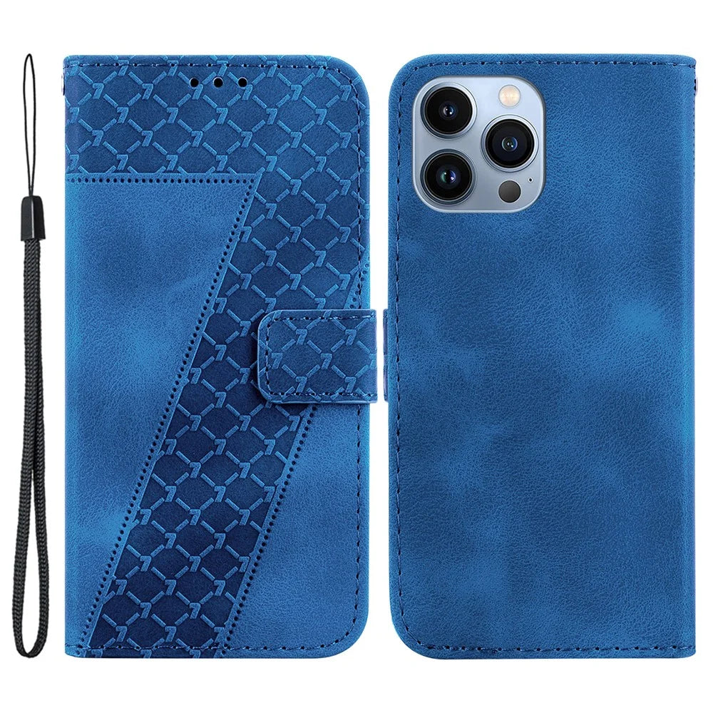 For iPhone 14 Pro Max Stand Imprinted Pattern Phone Case PU Leather Shell Shockproof Wallet Cover - Dark Blue - 1