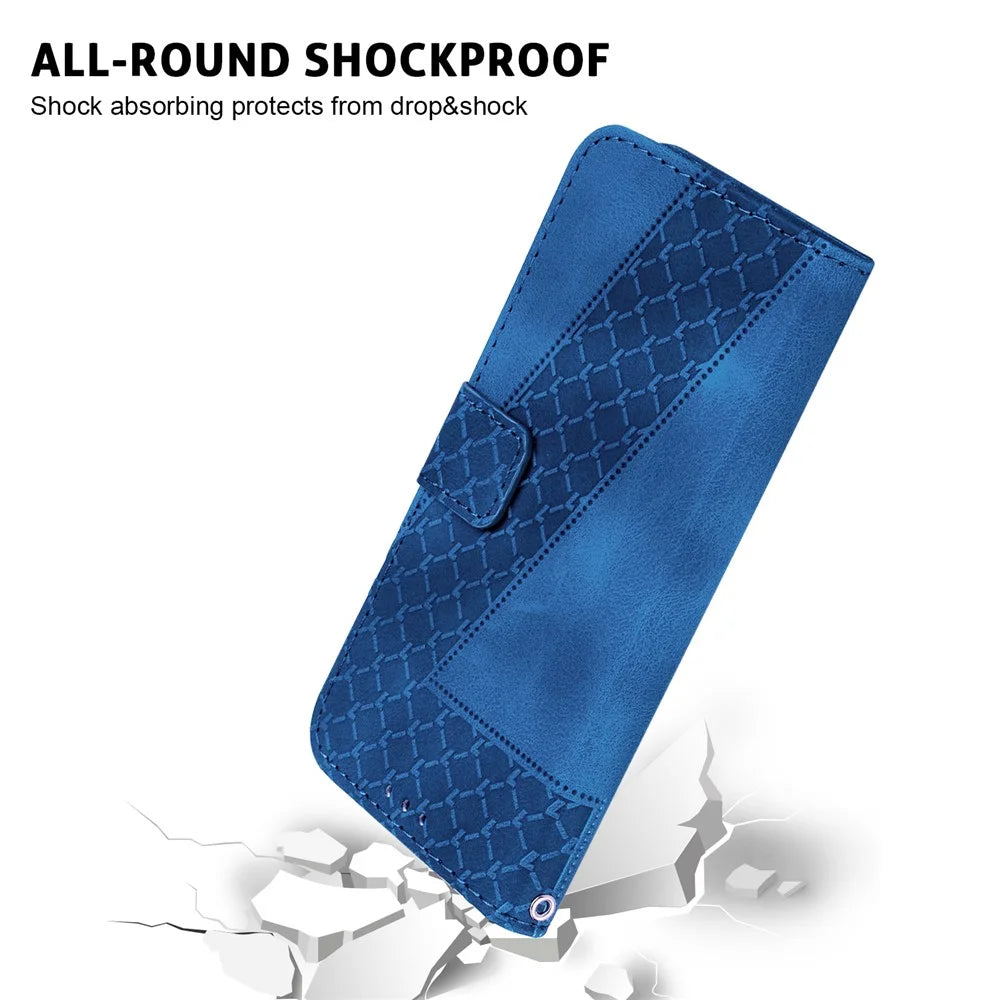 For iPhone 14 Pro Max Stand Imprinted Pattern Phone Case PU Leather Shell Shockproof Wallet Cover - Dark Blue - 5