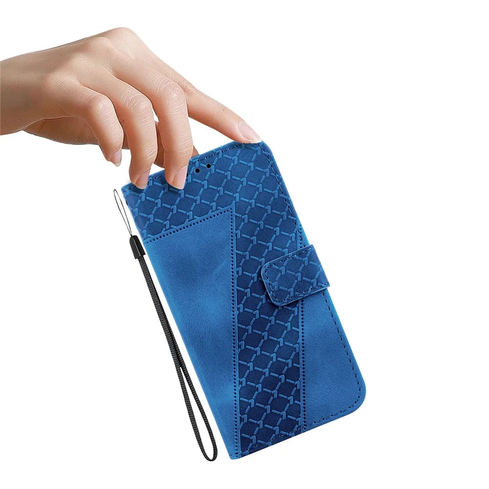 For iPhone 14 Pro Max Stand Imprinted Pattern Phone Case PU Leather Shell Shockproof Wallet Cover - Dark Blue - 6