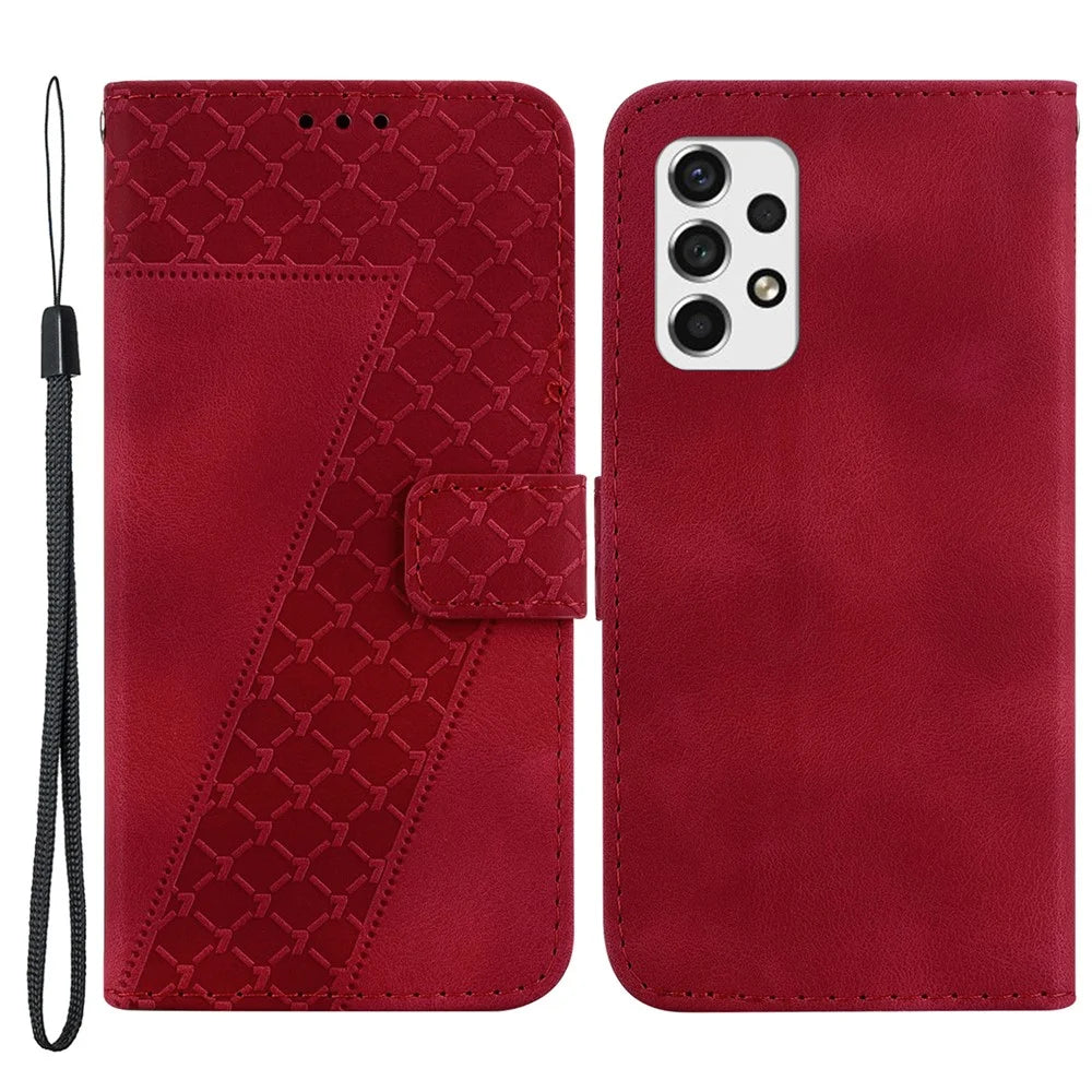 7-Shape Imprinted Phone Cover for Samsung Galaxy A73 5G Drop-proof Leather Wallet Stand Case - Red - 1