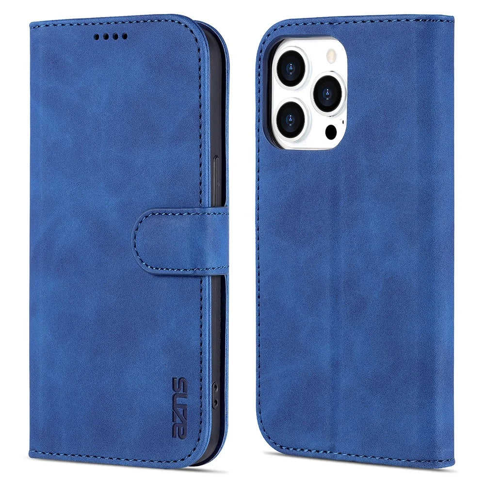 AZNS For iPhone 15 Pro Dustproof Phone Cover Stand Wallet PU Leather Dustproof Cell Phone Case - Blue - 1