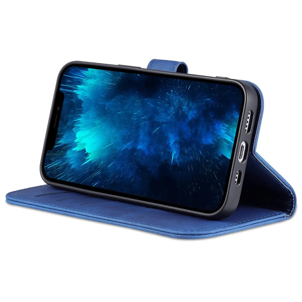 AZNS For iPhone 15 Pro Dustproof Phone Cover Stand Wallet PU Leather Dustproof Cell Phone Case - Blue - 3