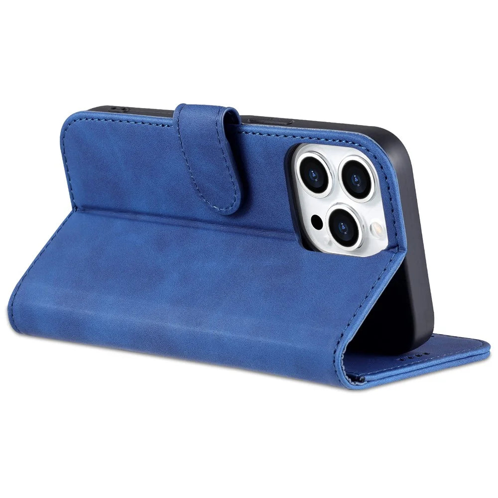 AZNS For iPhone 15 Pro Dustproof Phone Cover Stand Wallet PU Leather Dustproof Cell Phone Case - Blue - 4