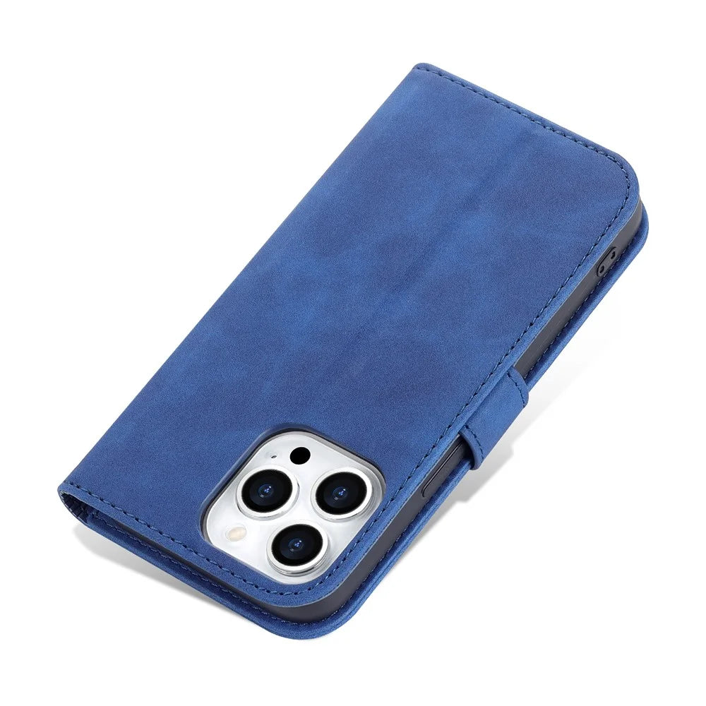 AZNS For iPhone 15 Pro Dustproof Phone Cover Stand Wallet PU Leather Dustproof Cell Phone Case - Blue - 7