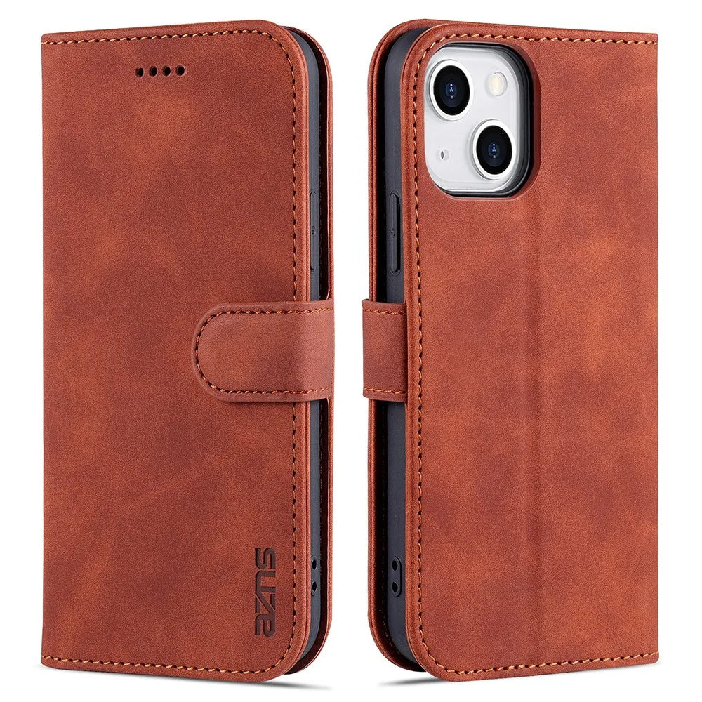AZNS For iPhone 15 Plus Dustproof Cell Phone Cover Stand Wallet PU Leather Phone Case - Brown - 1